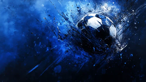Streaking midnight soccer ball shatters a galaxy of blue paint
