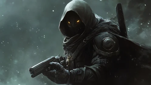 Hooded cybernetic assassin with glowing eyes in arctic storm.