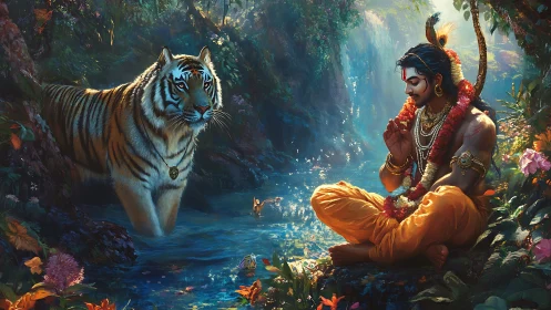 Tiger and meditating prince trade silent vows by jungle river