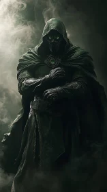Mysterious cloaked sorcerer wrapped in swirling emerald mist.