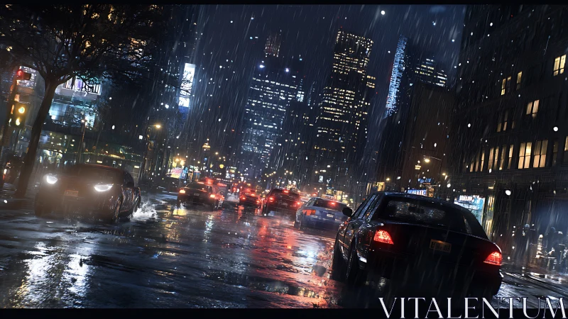 Nighttime urban traffic progresses through a wet city street