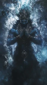 Celestial blue deity emerging from swirling astral mist.