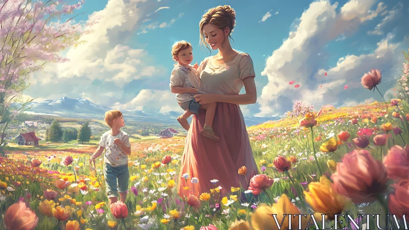 Spring sunshine wraps a smiling mother and children in blossoms