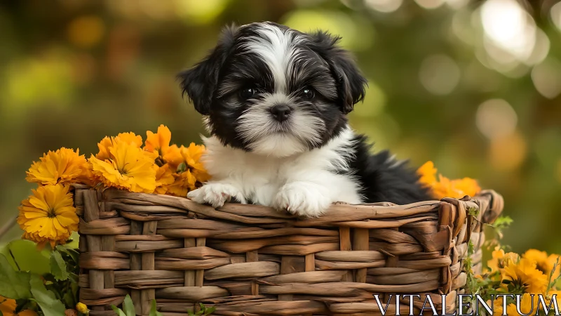 Photorealistic puppy portrait in woven basket composition.
