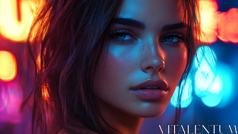 Neon lit close up portrait of young woman at night.