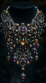 Baroque gemstone necklace rendered in dramatic chiaroscuro lighting