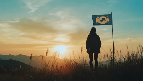Silhouetted figure and emblematic flag observe a gradient sunset