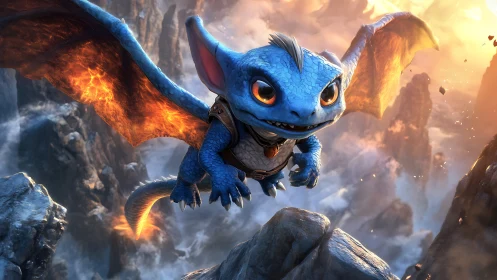 Blue baby dragon soars above fiery mountain peaks at dawn.