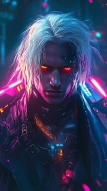 Cybernetic antihero with neon armor and burning eyes.