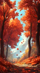 Autumn forest pathway with deciduous canopy and falling leaves.