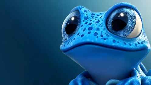 Close-up of Cute Blue Cartoon Frog with Big Eyes in 3D Style.