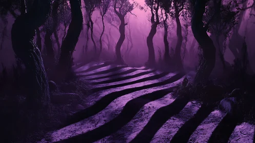 Twilight zebra path winding through a haunted violet forest.