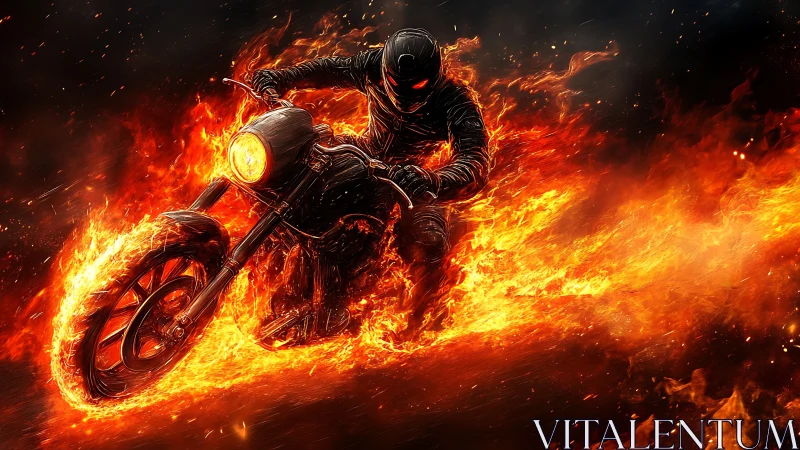 Fiery motorcycle rider charging through blazing flames
