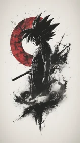 Silhouetted warrior stands before distressed crimson circle.