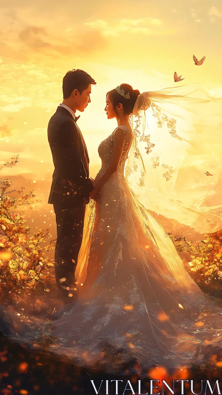 Sunlit bridal couple in backlit golden hour landscape portrait