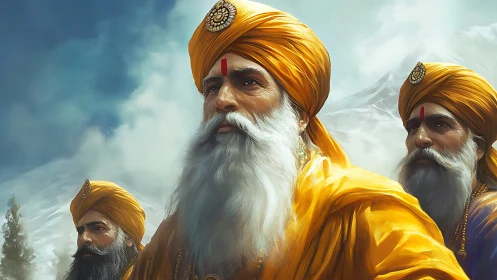 Wise elders in golden turbans beneath snowy mountain skies.