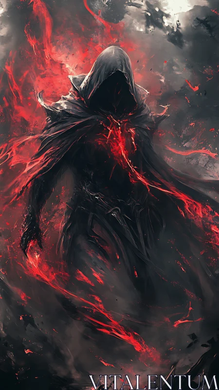 Hooded dark figure stands in swirling red energy field