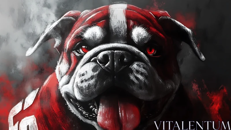 Fierce bulldog mascot in red jersey with intense gaze.