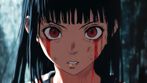 Close frontal anime portrait shows bleeding eyes and fixed gaze