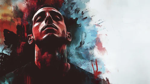 High-contrast male portrait merges into abstract bicolor paint field