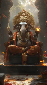 Majestic Ganesha idol glows in a serene temple sanctuary