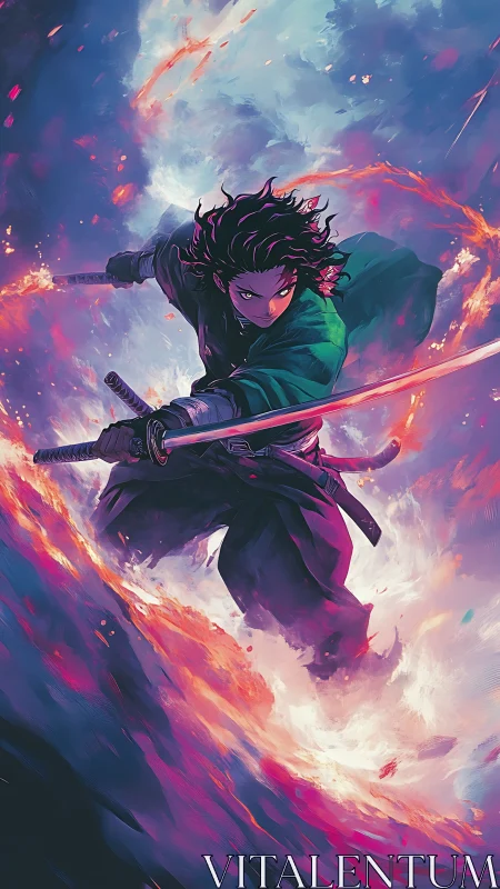 Anime swordsman in midair slashing through swirling flames.