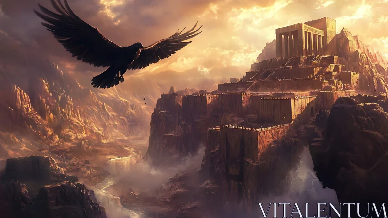 Ancient cliff fortress rises beneath a soaring dark raven.