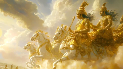 Digital painting of divine chariot charge in luminous clouds.