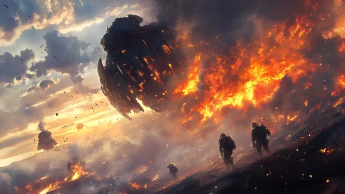 Futuristic soldiers advance beneath burning alien warship.