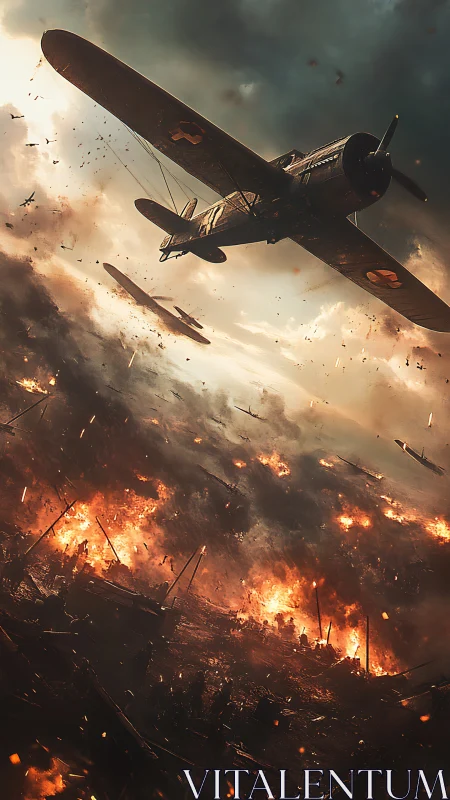 Warplane dives over burning battlefield under storm skies
