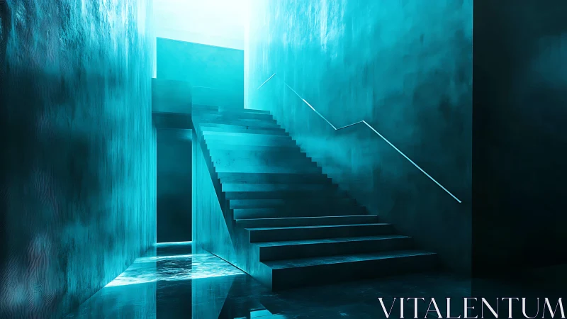 Staircase descending into luminous teal void.