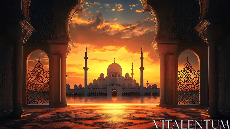 Digital painting of mosque interior framing luminous sunset.