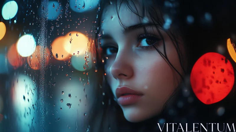 Moody digital portrait of girl at rainy city window.