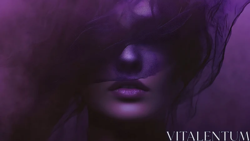 Veiled purple portrait hides eyes in shadowed mystery.