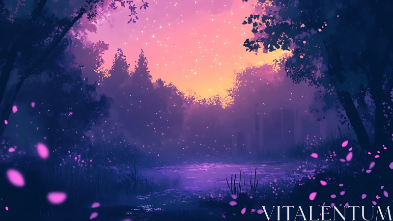 Twilight forest pond with bioluminescent petals and haze glow