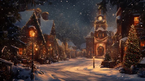 Snow-covered Christmas village street glows under festive lights