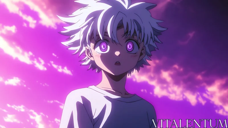 Starlit white-haired boy under blazing violet dream sky.