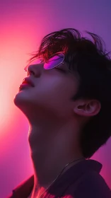 Side profile portrait in neon pink and purple lighting.