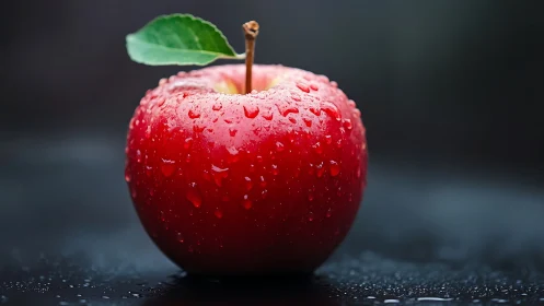 Glowing red apple glistens with dewy droplets on dark surface.