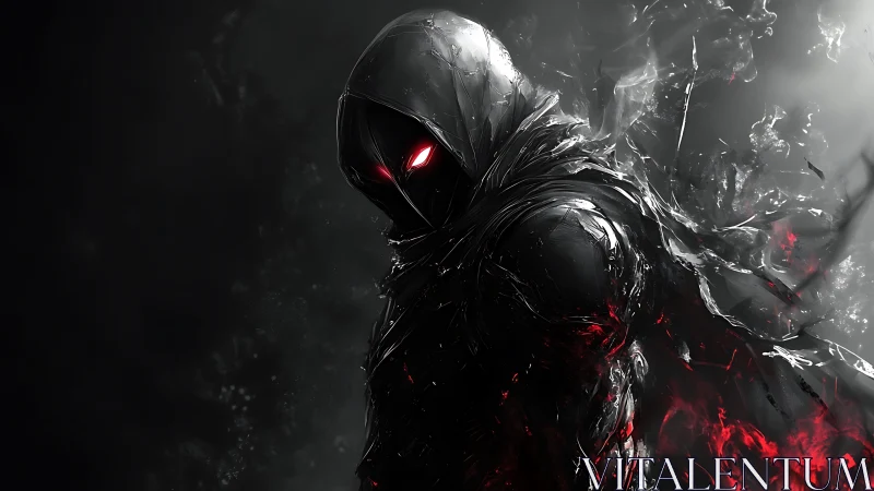 Shadow-cloaked specter with glowing red gaze emerges.