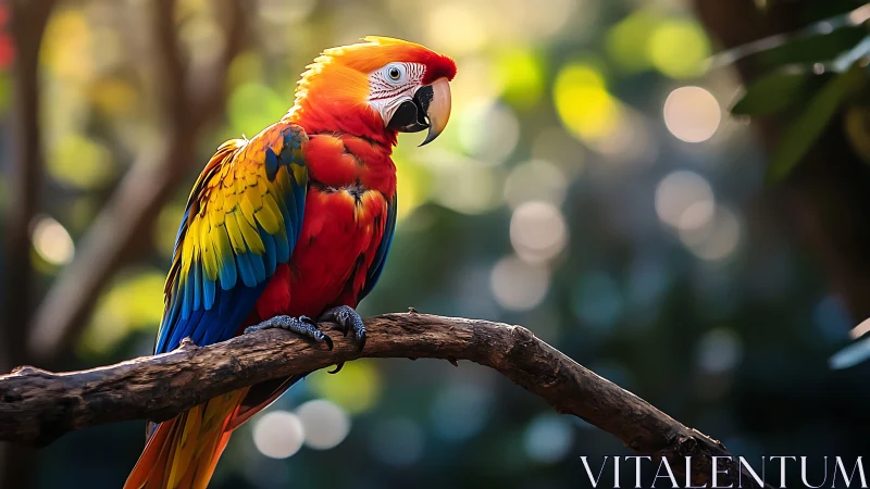Vibrant Scarlet Macaw on Branch in Sunlit Tropical Forest, Realistic Style.