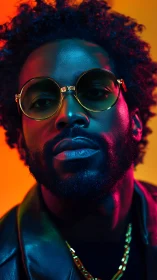 Cool confidence in bold neon portrait lighting and style.