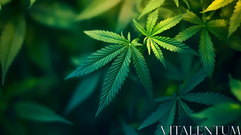 Cannabis leaves overlap under soft green filtered light