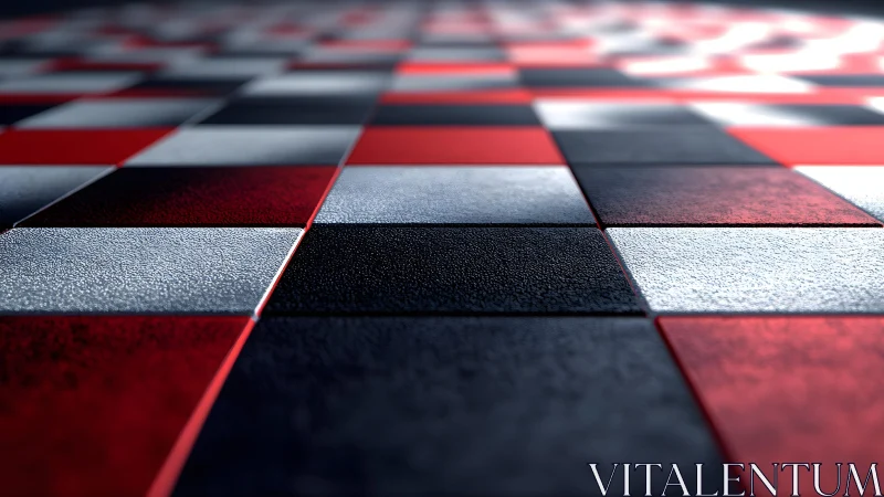 Close-up of textured red, black, and white checkerboard tiles pattern.