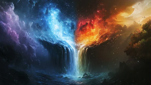 Elemental waterfall divides fiery sky and cosmic storm.