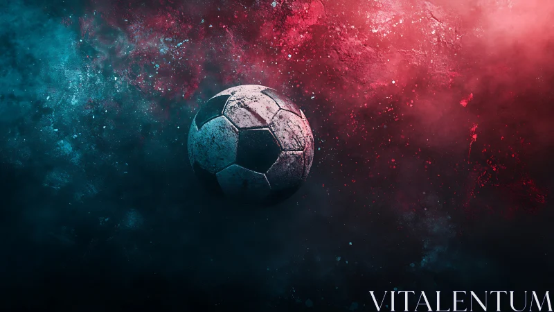 Worn soccer ball floating in red and blue smoky space.