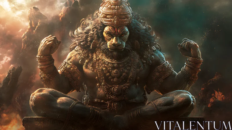 Mythic leonine deity in ornate armor amid molten skies.