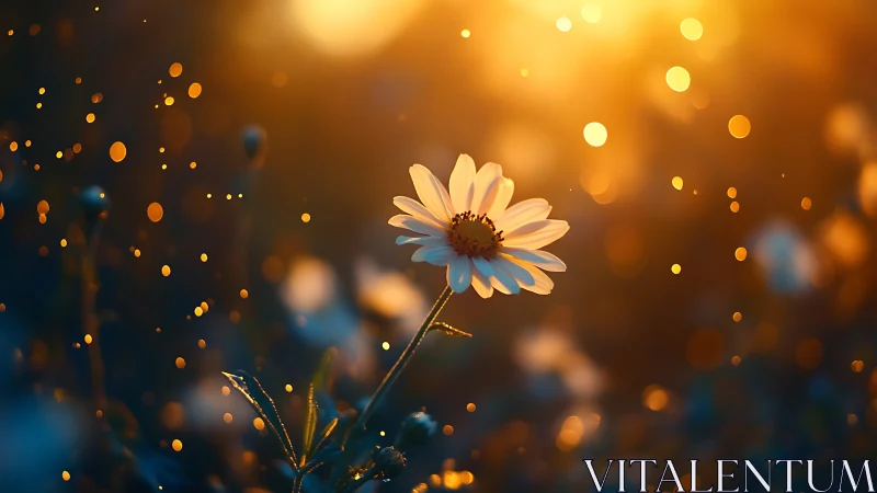Sunlit daisy in dreamy golden hour bokeh field scene.