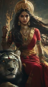 Regal warrior woman in red with jeweled crown and tiger.