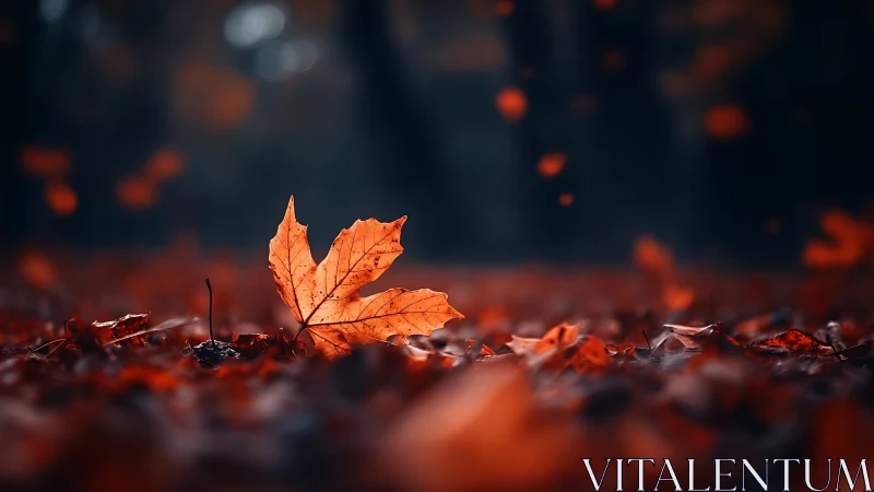 Single orange maple leaf on forest floor in shallow focus.